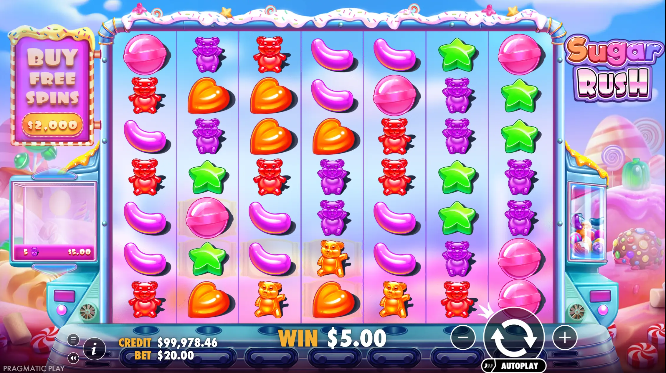 Sugar Rush base game screen with buy free spins button