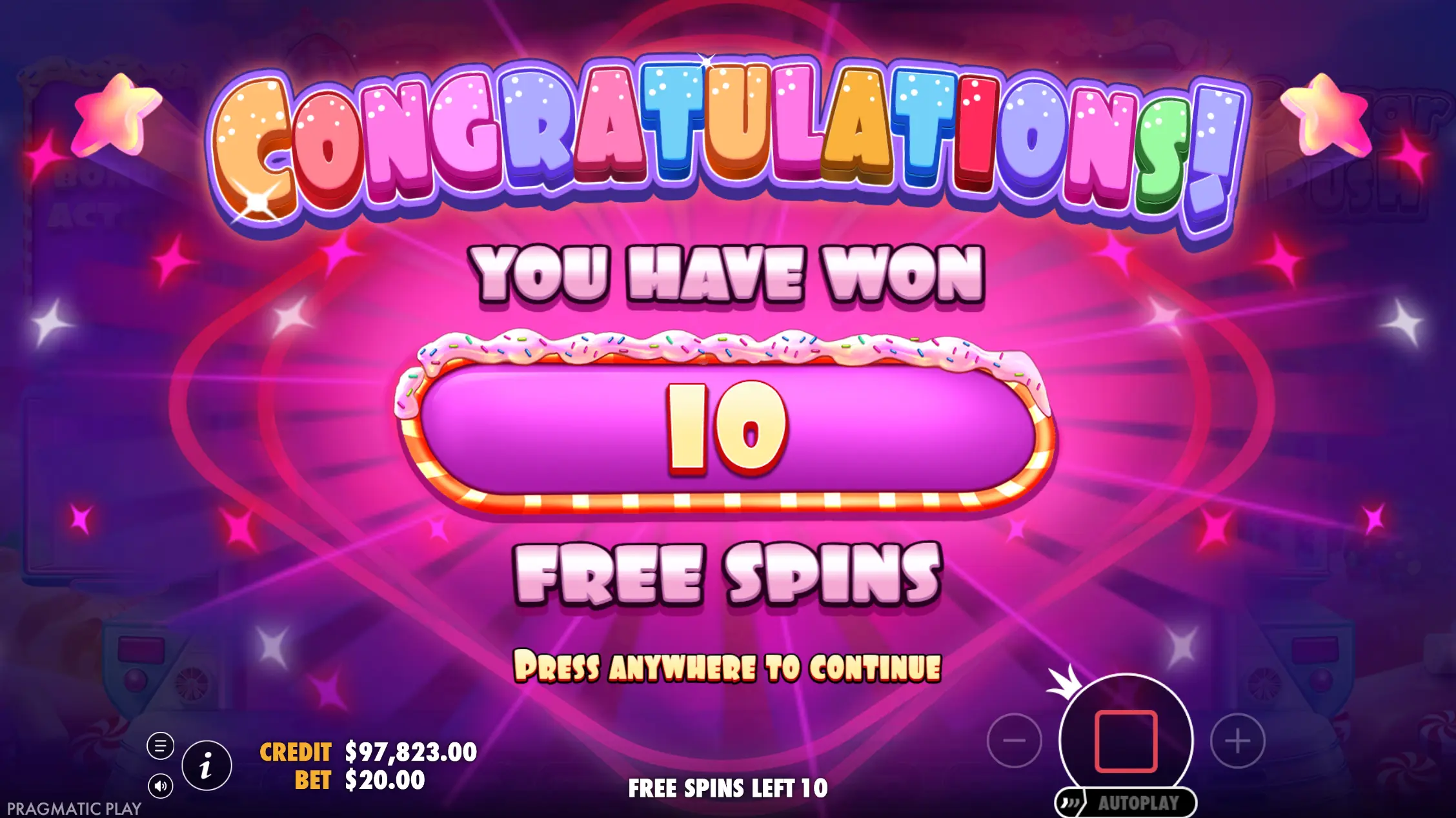Sugar Rush free spins screen showing 10 free spins awarded